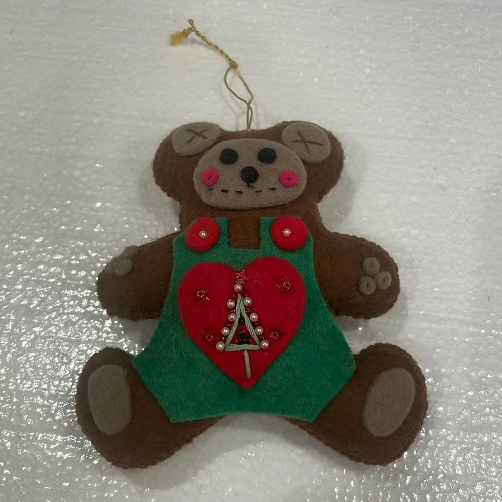 Vintage handmade bear Christmas ornament felt embellished beaded